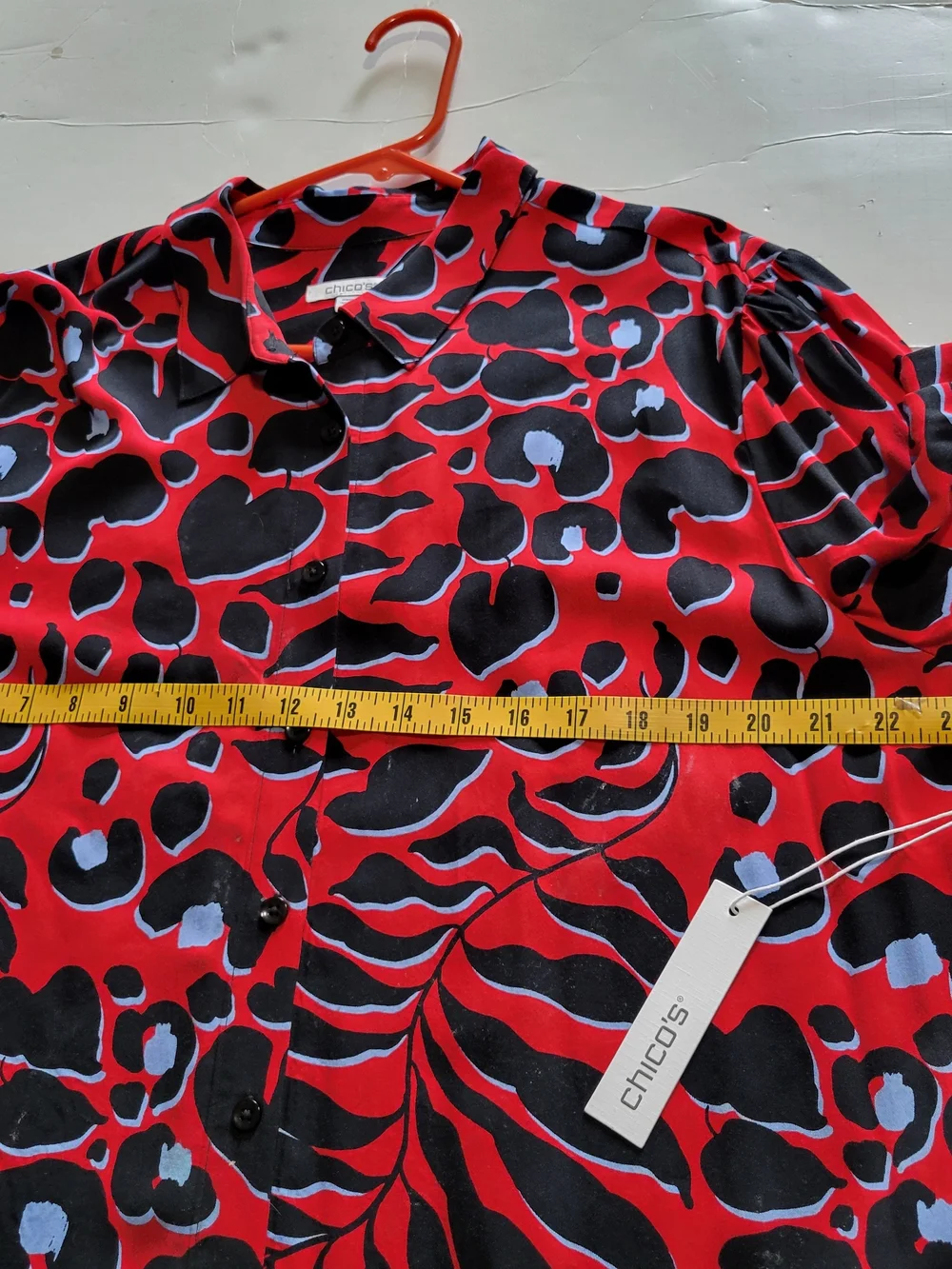 Chico's Easy Shirt Sz 16 Red Black & Light Blue Animal-Print Button Front Blouse